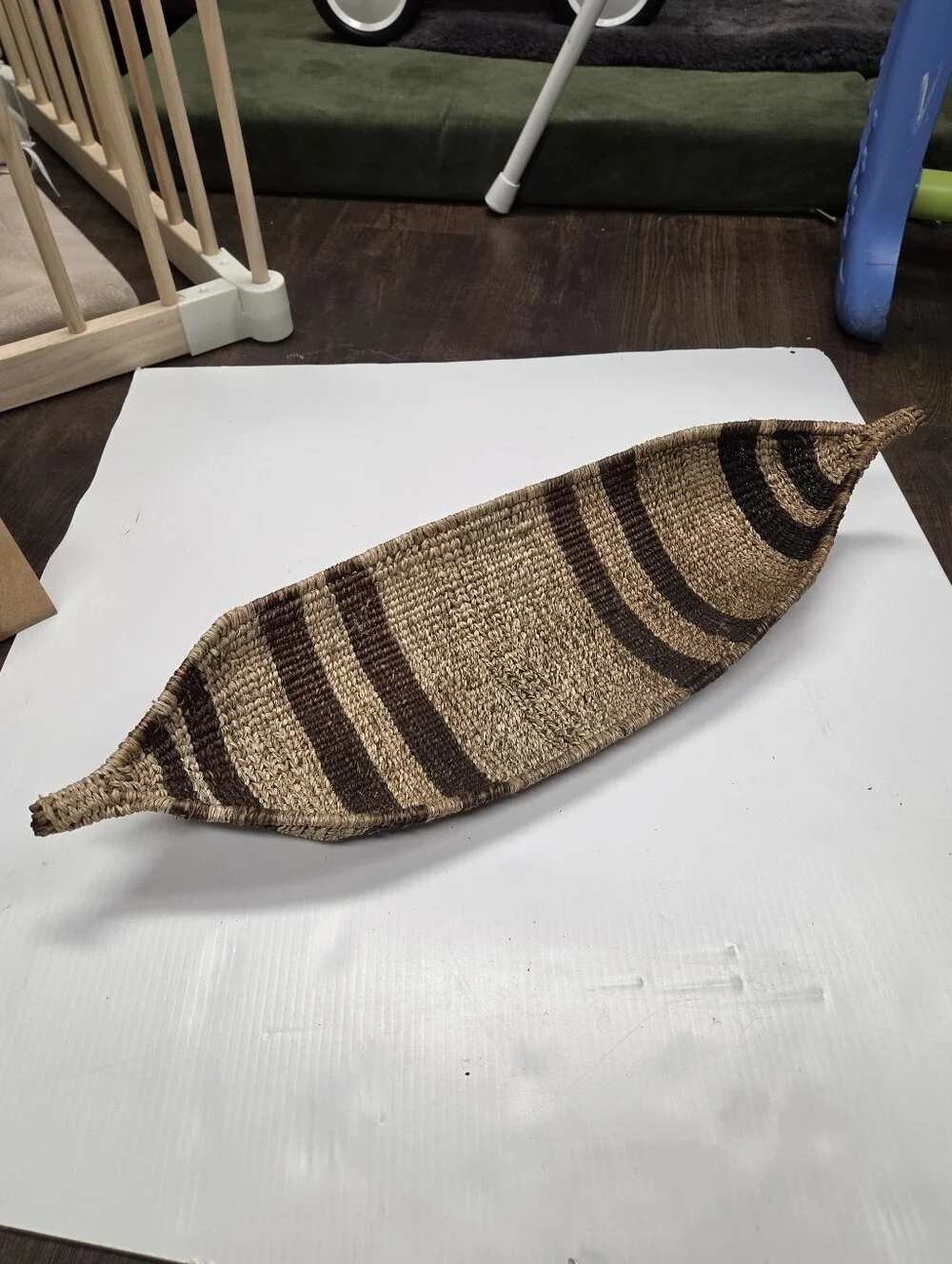 Vintage Hand Woven African Boat Shaped Basket Tray Striped Boho Wall Art Decor 2